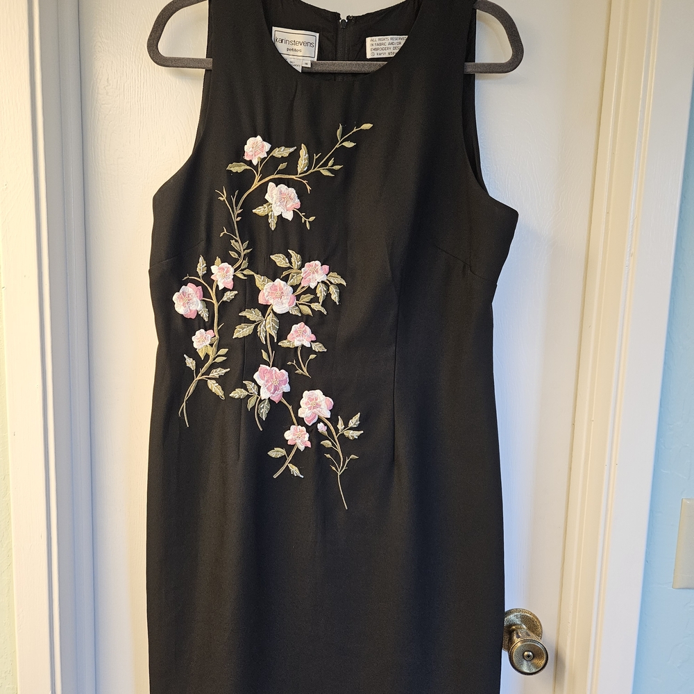 Karin Stevens Elegant Black Midi Dress with Pink Floral Accents